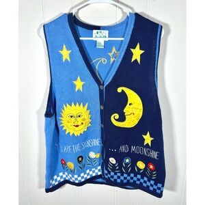 The Quacker Factory VTG Sun Moon Stars Celestial Knit Sweater Vest Blue Large
